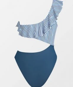 CUPSHE 4th Of July Sea Shore Stripe Ruffled One Shoulder One Piece Swimsuit