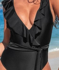 CUPSHE Paluma Black Ruffled Plunge One Piece Swimsuit One Pieces