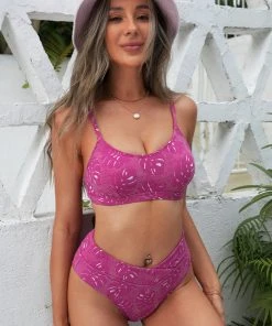 CUPSHE Bikinis Tropical Jacquard Tie Back Bralette & High Waist Bikini Set