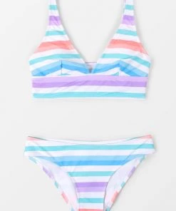 CUPSHE Bright Lights Stripe Tall Tri Midkini And Classic Hipster Set Swimwear BOGO 40% OFF