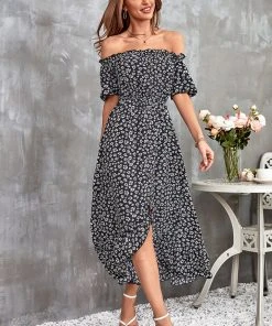CUPSHE Palizzi Split Tea Length Off-shoulder Dresses