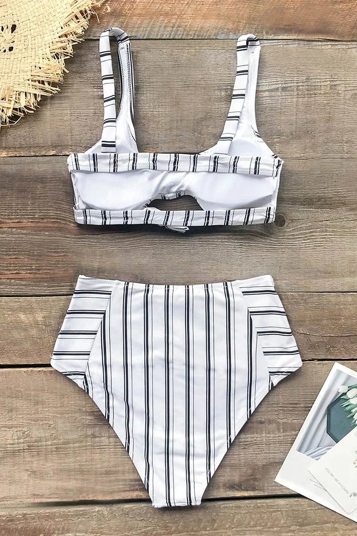 CUPSHE Navy And White Vertical Stripe High Waisted Bikini
