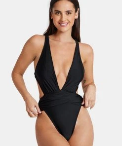 CUPSHE One Pieces Mindful Solids Deep Onyx Plunge Black One Piece