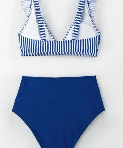 CUPSHE Blue Striped And High Waisted Bikini