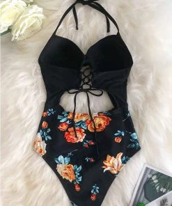 CUPSHE Black Floral Print Halter Tummy Control One Piece Swimsuit One Pieces