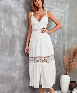 CUPSHE Siena Plunge Button Lace Trims Slip Dress Dresses