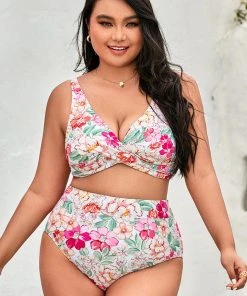 CUPSHE 90’s Floral Wrap Banded Tummy Control High Waist Plus Size Bikini