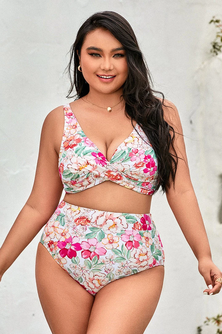 CUPSHE 90’s Floral Wrap Banded Tummy Control High Waist Plus Size Bikini
