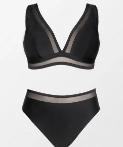 CUPSHE Swimwear Trendy Features Arizona Road Trip Mesh V-neck And Mid Rise Hipster Black Plus Size Bikini Set