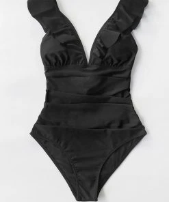 CUPSHE Summer Seaside Ruffled Ruched Plunge Tummy Control Black One Piece One Pieces
