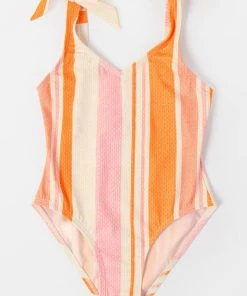 CUPSHE Happy Stripe Girls' Fixed Shoulder Bow Tie One Piece Swimsuit