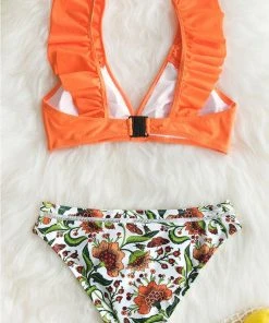 CUPSHE Orange Ruffle Bikini With Floral Bottom Swimwear UP TO 70% OFF