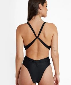 CUPSHE One Pieces Mindful Solids Deep Onyx Plunge Black One Piece