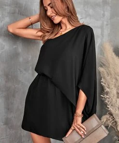CUPSHE Dresses Claire Dolman Sleeve Short Length One Shoulder Dress