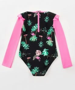 CUPSHE Girls Palm Beach Night Flamingo Plam Ruffle Long Sleeve Rashguard One Pieces