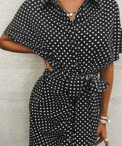CUPSHE Dresses Alaia Short Sleeve Shirt Collar Frill Dots Dress