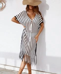 CUPSHE Cover Ups Eva Dolman Sleeve Tassel Crochet Cover-up Dress