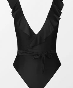 CUPSHE Paluma Black Ruffled Plunge One Piece Swimsuit One Pieces