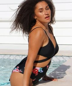 CUPSHE One Pieces Black And Floral Wrap Cutout One Piece Swimsuit