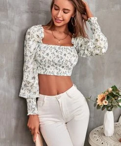 CUPSHE Madalynn Square Neck Puff Sleeve Crop Top Beach Shirts & Tops