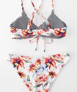 CUPSHE Floral And Striped Reversible Bikini Swimwear UP TO 70% OFF