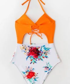 CUPSHE Orange Floral Lace-up Halter Tummy Control One Piece Swimsuit