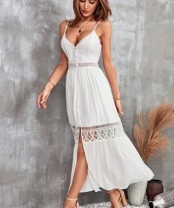 CUPSHE Siena Plunge Button Lace Trims Slip Dress Dresses