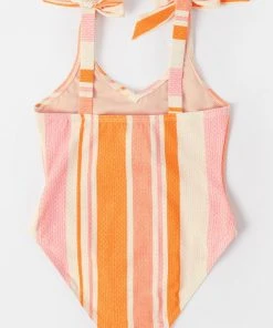 CUPSHE Happy Stripe Girls' Fixed Shoulder Bow Tie One Piece Swimsuit