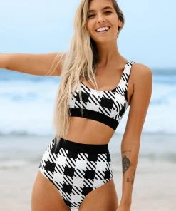 CUPSHE Black And White Plaid High Waisted Bikini