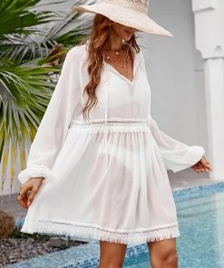 CUPSHE Casual Dresses Victoria Lace Trims Bubble Sleeve Cover-up Dress