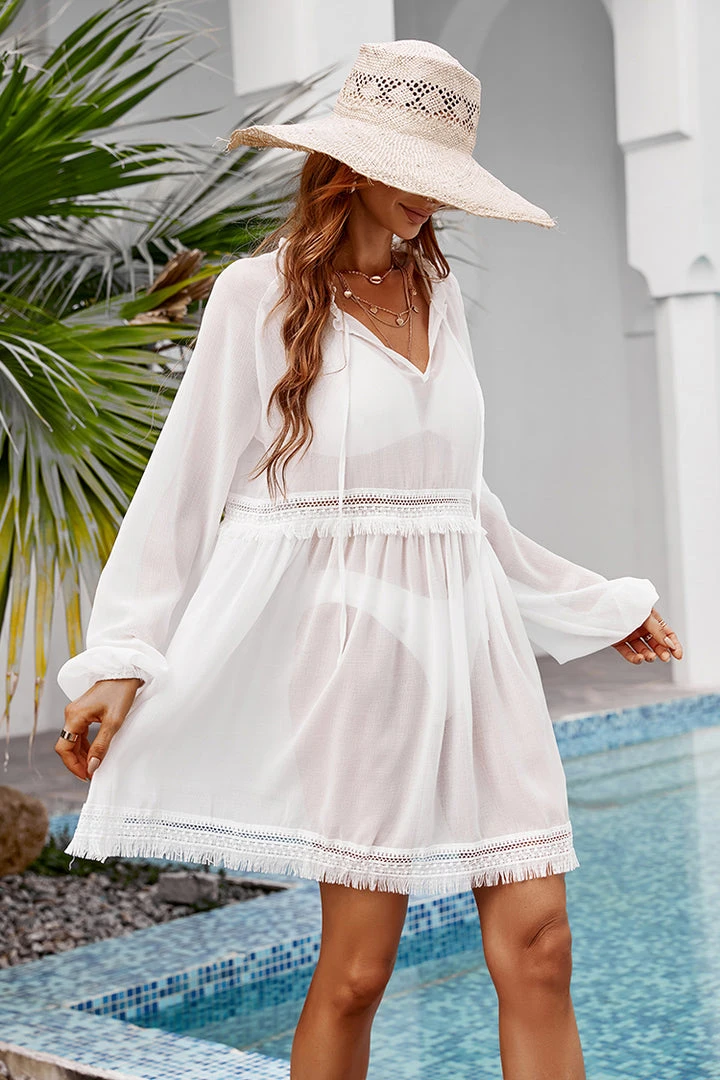 CUPSHE Casual Dresses Victoria Lace Trims Bubble Sleeve Cover-up Dress