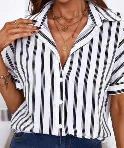 CUPSHE Eva Shirt Collar Short Sleeve Stripes Top