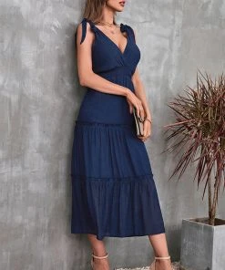 CUPSHE Dresses Leanna Plunge Wide Straps Elastic Waist A-Shape Dress