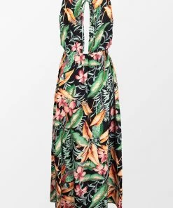 CUPSHE Dresses Asia Halter Neck Fitted Waisted Tropical Plants Dress