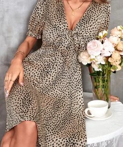 CUPSHE Dresses Taliyah Bow Tie V-Neck Leopard Dress