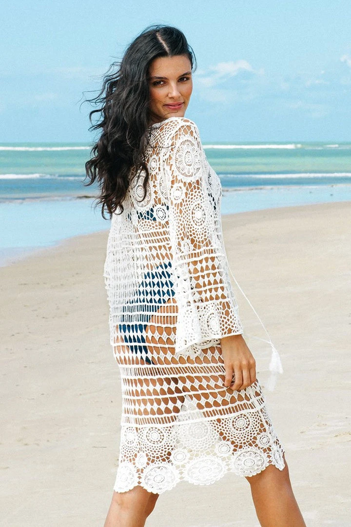 CUPSHE Cover Ups Lailah White Lace Up Bell Sleeve Tassel Cover Up