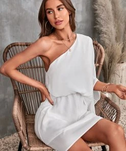 CUPSHE Coralie One-shoulder Elastic Waist Short Dress Dresses