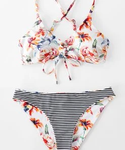 CUPSHE Floral And Striped Reversible Bikini Swimwear UP TO 70% OFF