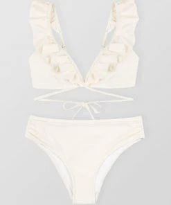 CUPSHE White Ruffle Wrap Side Shirred Mid Rise White Bikini Set