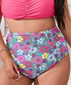 CUPSHE Point Dume Daisy Shirred High Waist Plus Size Bikini Bottoms