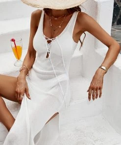 CUPSHE Ariya Round Neck Fixed Straps Lace Up Cover Up Casual Dresses