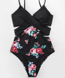 CUPSHE One Pieces Black And Floral Wrap Cutout One Piece Swimsuit