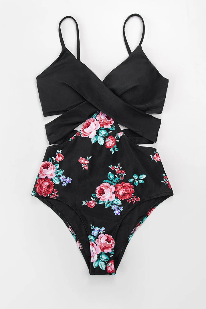 CUPSHE One Pieces Black And Floral Wrap Cutout One Piece Swimsuit