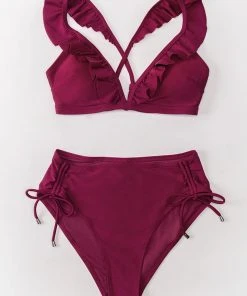 CUPSHE Swimwear BOGO 40% OFF Savannah Burgundy Ruffle Crisscross Drawstring Bikini