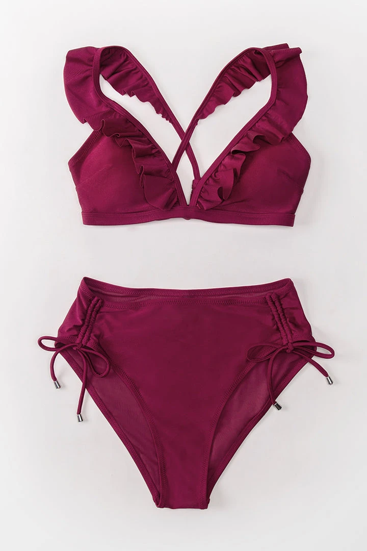 CUPSHE Swimwear BOGO 40% OFF Savannah Burgundy Ruffle Crisscross Drawstring Bikini
