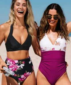 CUPSHE Bikinis Black Floral Halter High Waisted Bikini