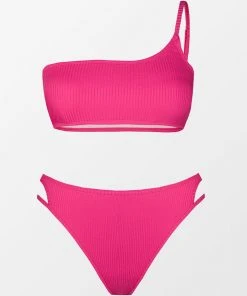 CUPSHE Summer Dreaming Pink Ribbed One Shoulder Top & Cutout High Waist Bikini Set