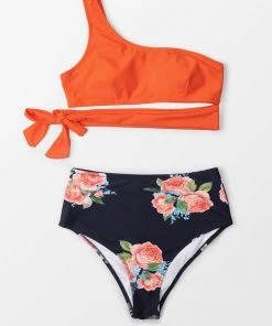 CUPSHE Orange And Floral One Shoulder Tied Bikini Swimwear UP TO 70% OFF