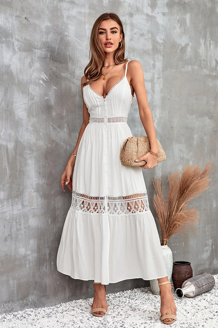 CUPSHE Siena Plunge Button Lace Trims Slip Dress Dresses