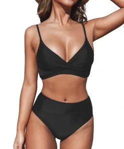 CUPSHE Marsala Black Wrap Front Bralette And Asymmetric High Waist Set Bikinis